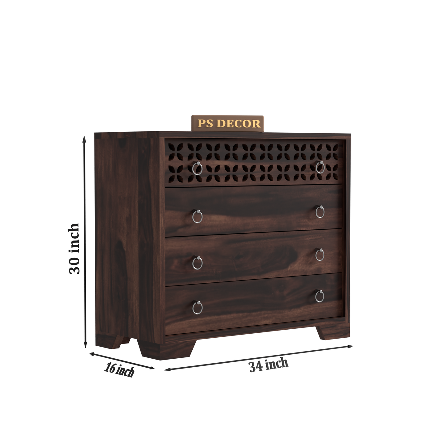 Modern Wooden Chest of Drawers with Carved Front Panel | 4 Drawer Storage