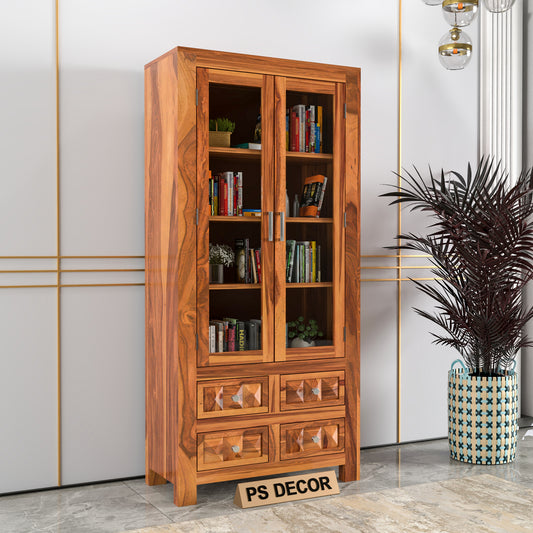 Modern Wooden Glass Door Bookcase Cabinet with Drawers