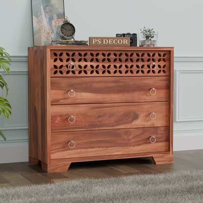 Modern Wooden Chest of Drawers with Carved Front Panel | 4 Drawer Storage