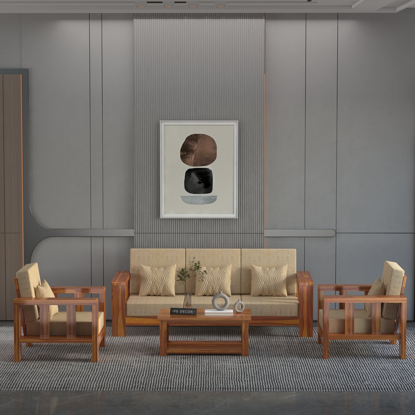 Solid Sheesham Wood Sofa Set | 3 Seater + 2 Single Chairs