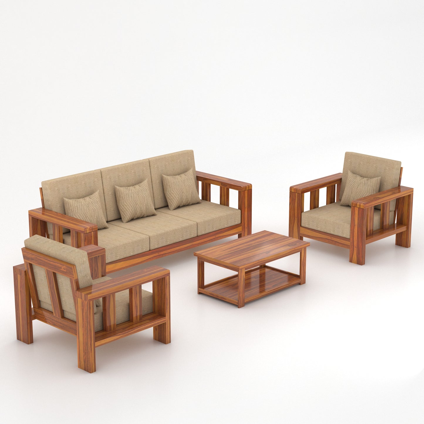Solid Sheesham Wood Sofa Set | 3 Seater + 2 Single Chairs