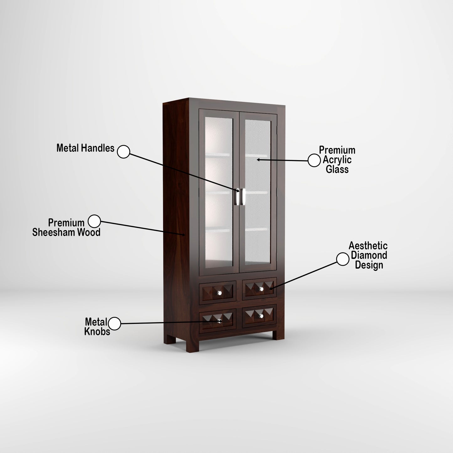 Modern Wooden Glass Door Bookcase Cabinet with Drawers