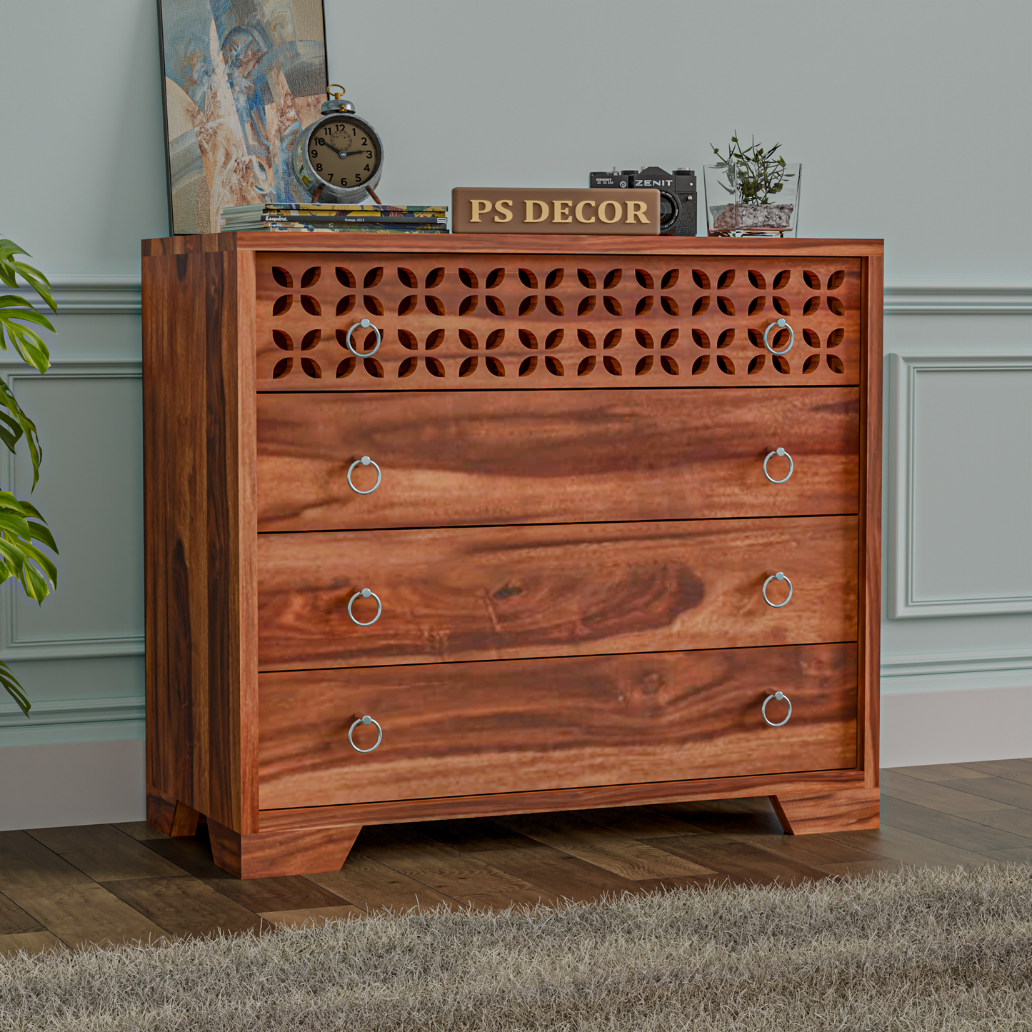 Modern Wooden Chest of Drawers with Carved Front Panel | 4 Drawer Storage