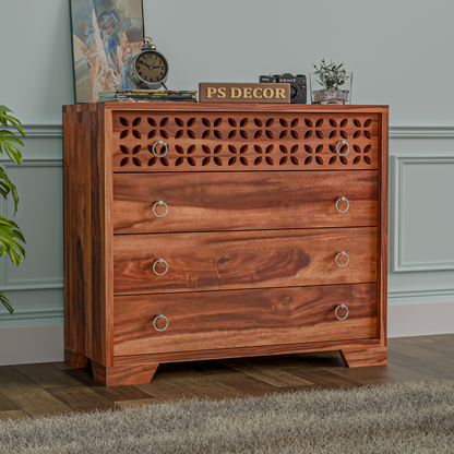 Modern Wooden Chest of Drawers with Carved Front Panel | 4 Drawer Storage