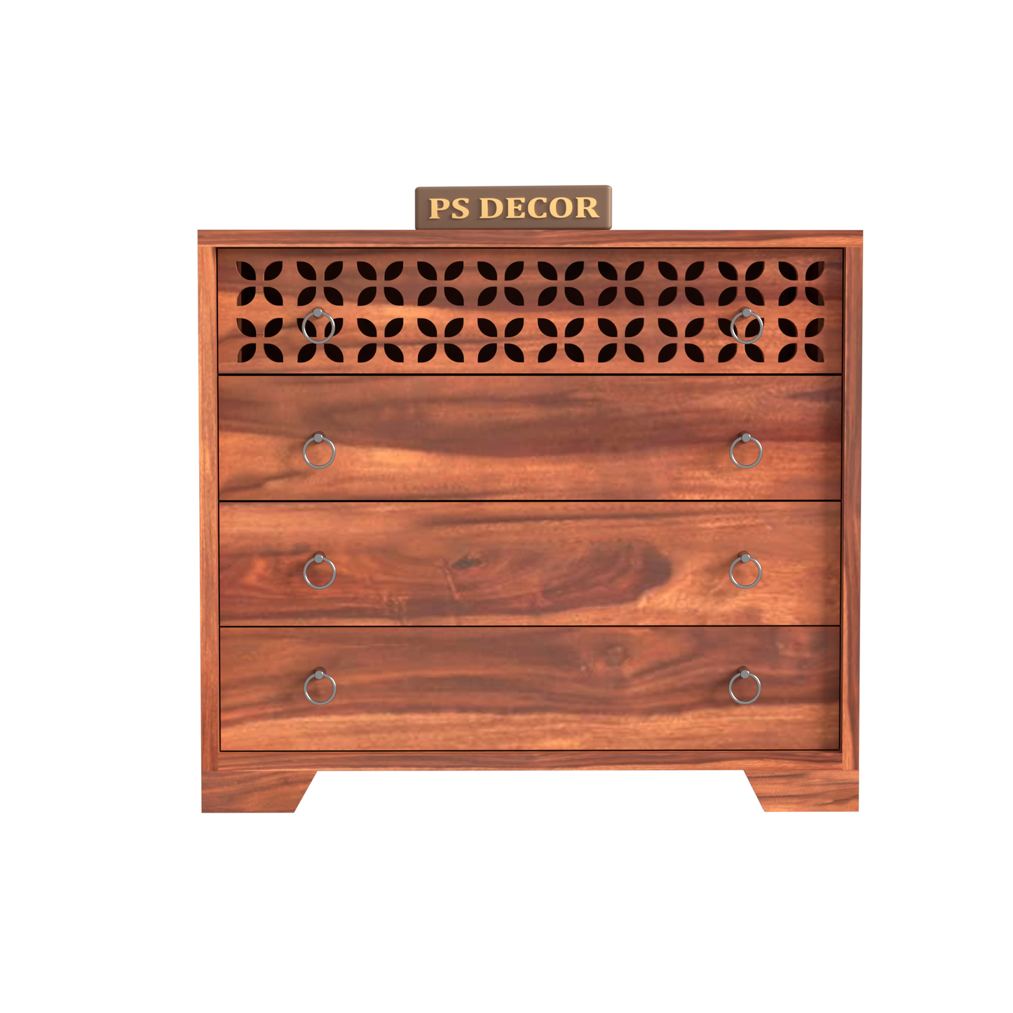 Modern Wooden Chest of Drawers with Carved Front Panel | 4 Drawer Storage
