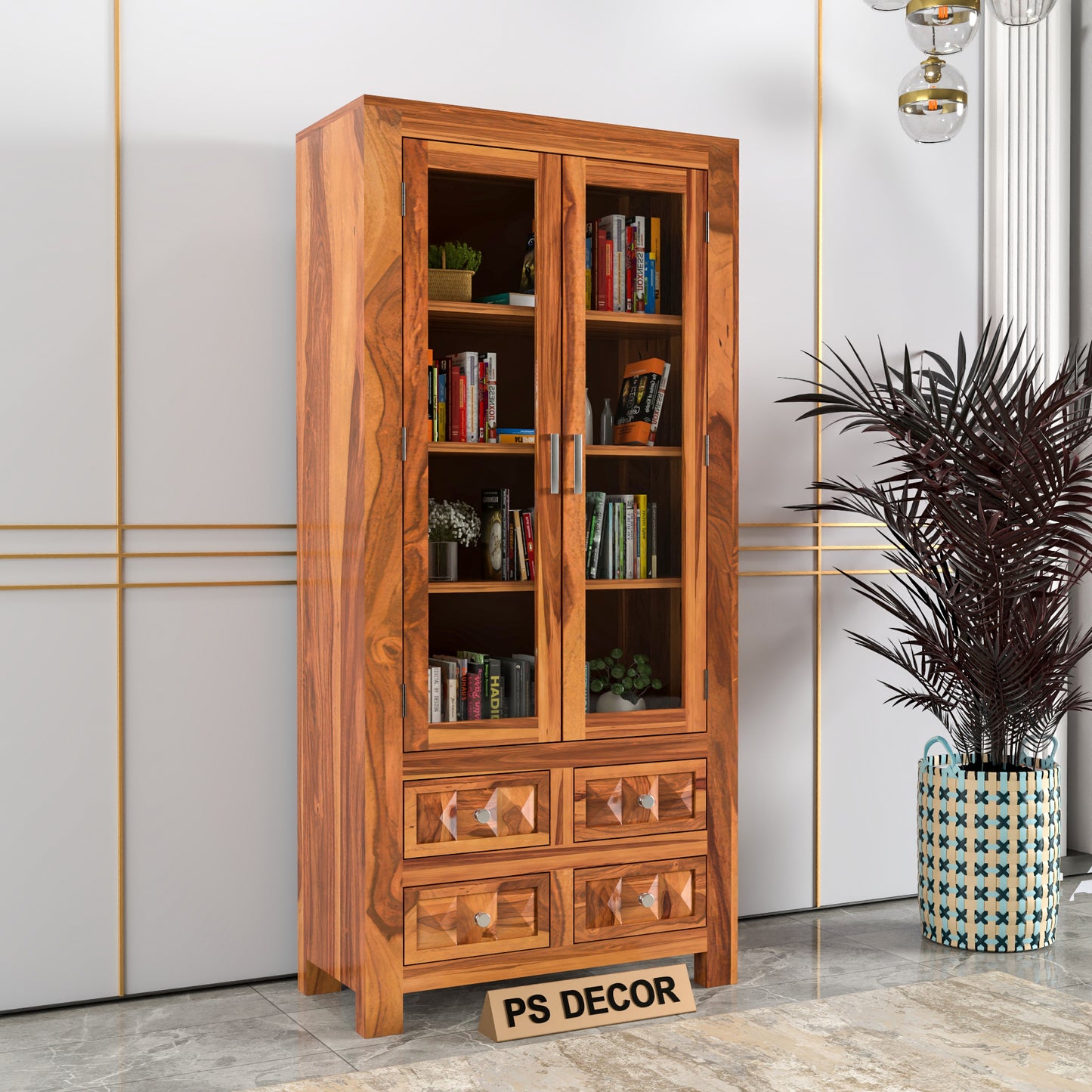 Modern Wooden Glass Door Bookcase Cabinet with Drawers
