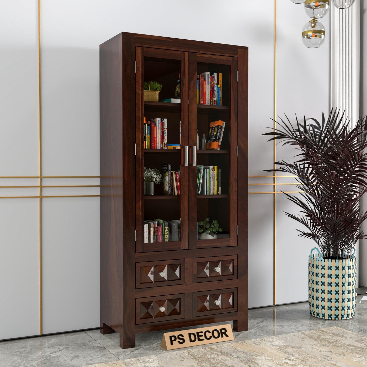 Modern Wooden Glass Door Bookcase Cabinet with Drawers