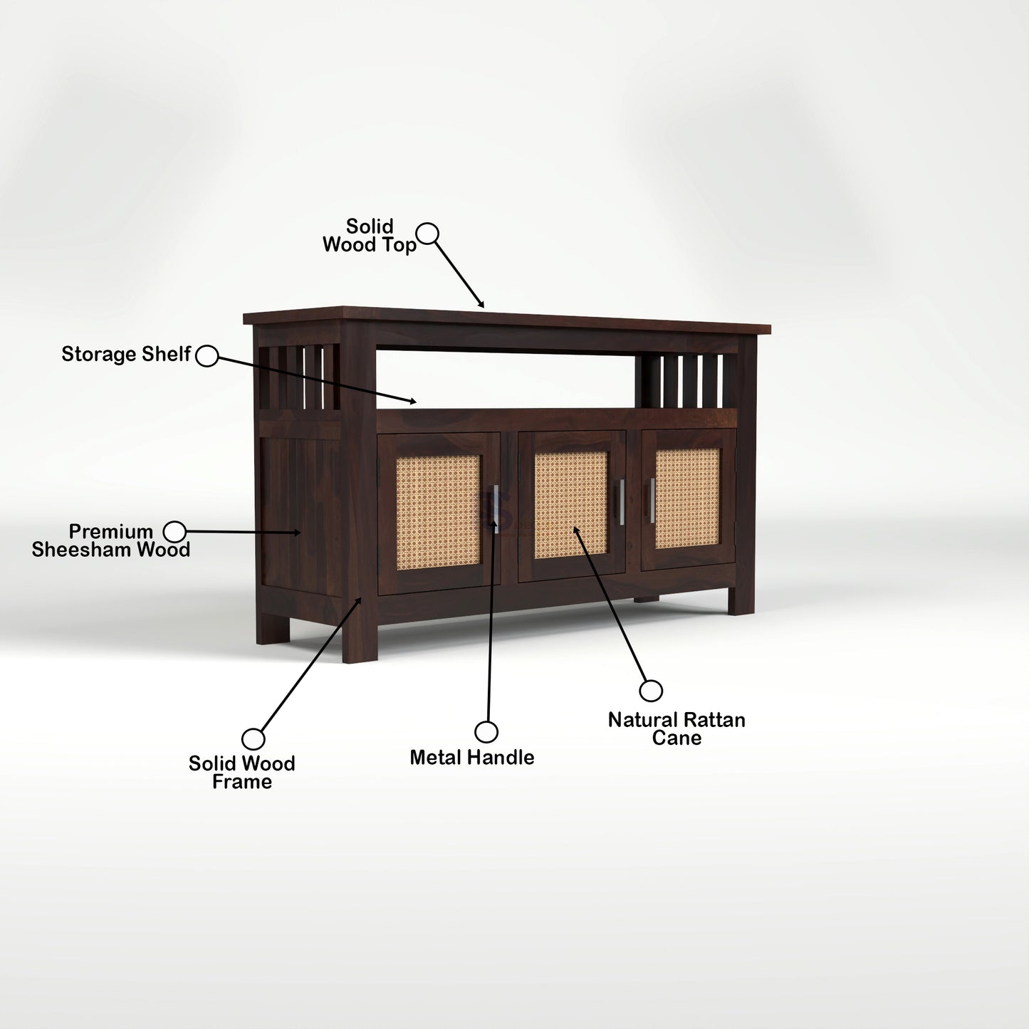 Wooden Sideboard Cabinet with Cane Doors for Living Room