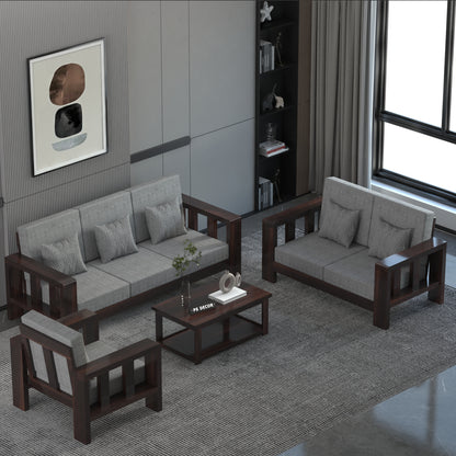 Modern Wooden Sofa Set with Cushions & Center Table | 3+2+1 Living Room