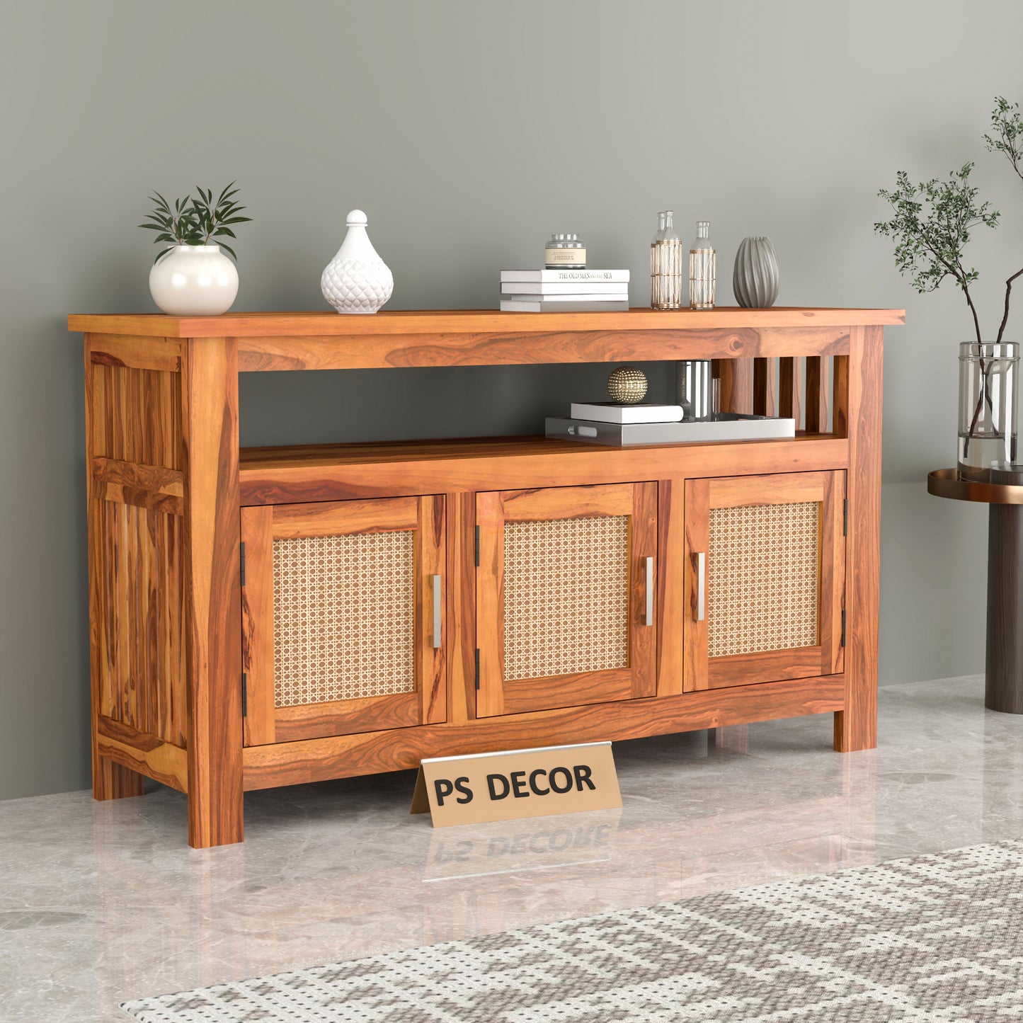 Wooden Sideboard Cabinet with Cane Doors for Living Room