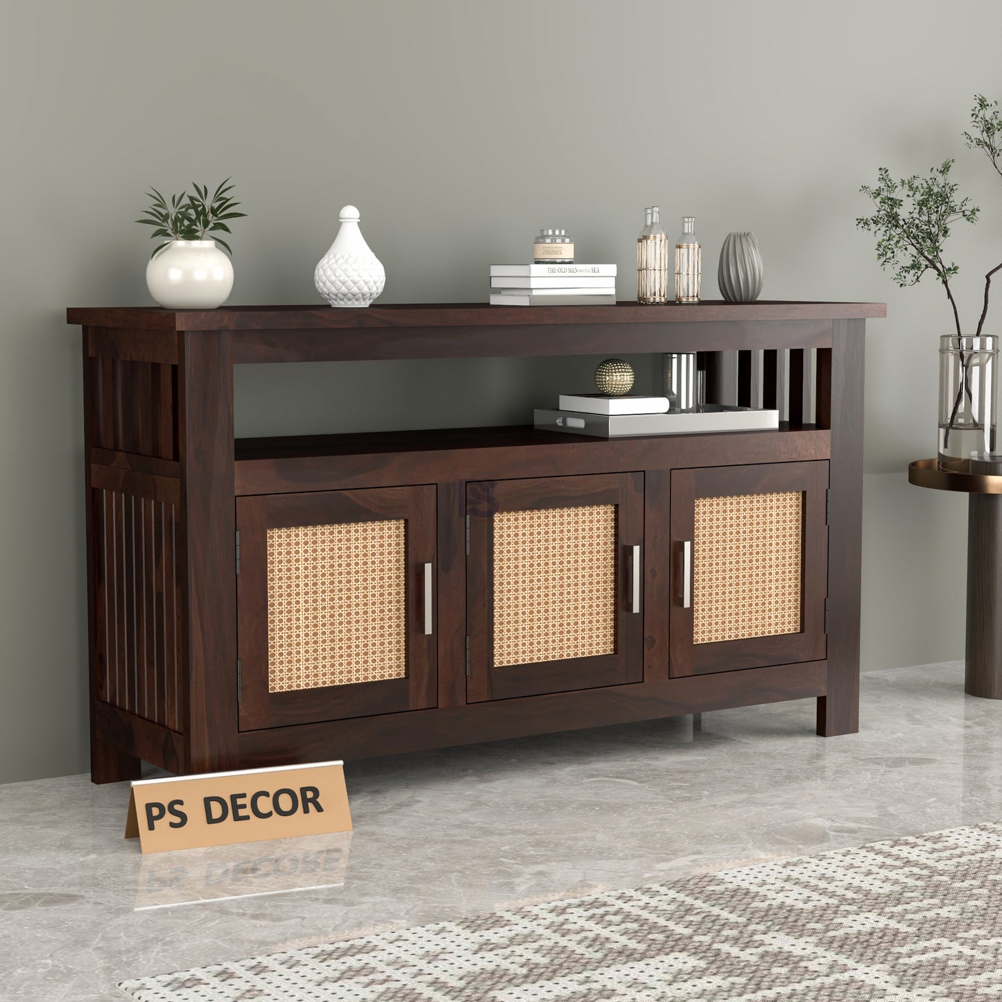 Wooden Sideboard Cabinet with Cane Doors for Living Room