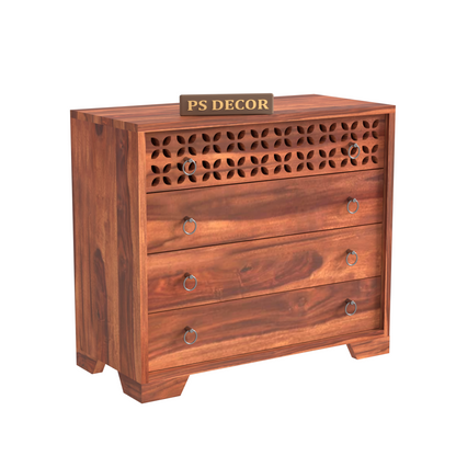 Modern Wooden Chest of Drawers with Carved Front Panel | 4 Drawer Storage