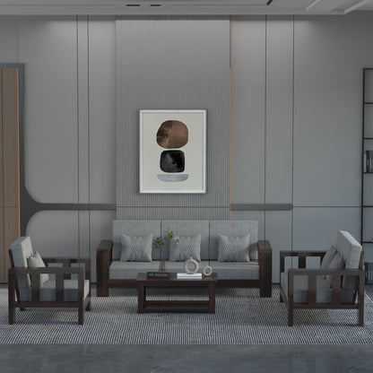 Modern Wooden Sofa Set with Cushions & Center Table | 3+2+1 Living Room