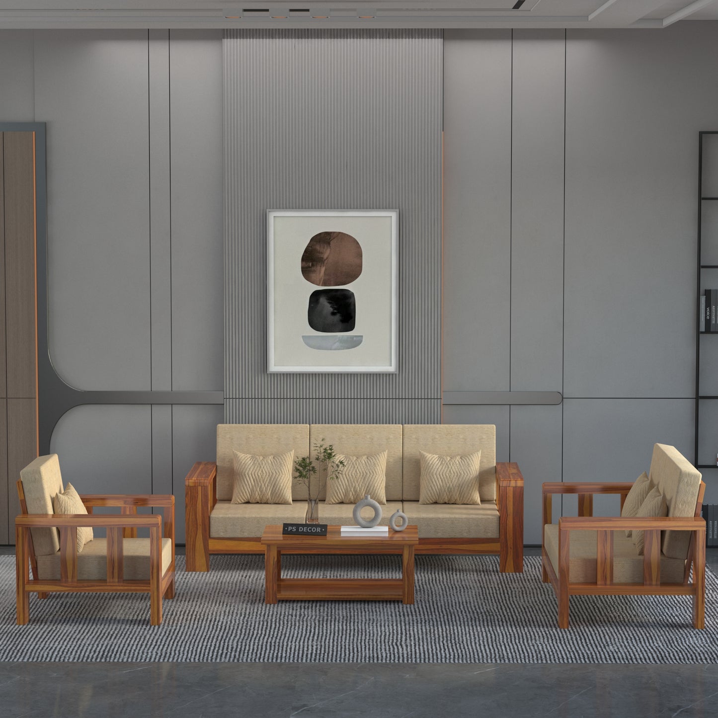 Modern Wooden Sofa Set with Cushions & Center Table | 3+2+1 Living Room