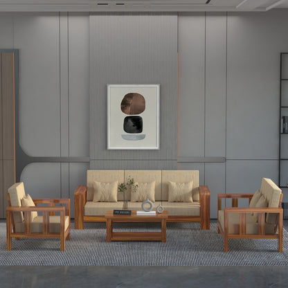 Modern Wooden Sofa Set with Cushions & Center Table | 3+2+1 Living Room