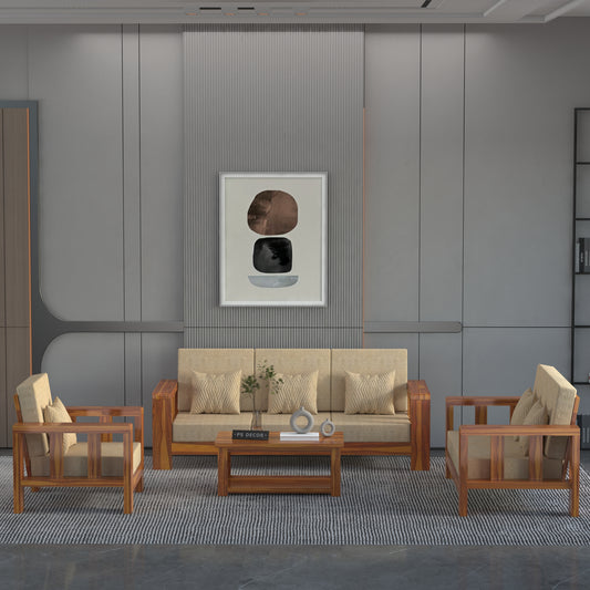 Modern Wooden Sofa Set with Cushions & Center Table | 3+2+1 Living Room