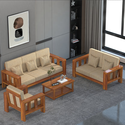 Modern Wooden Sofa Set with Cushions & Center Table | 3+2+1 Living Room