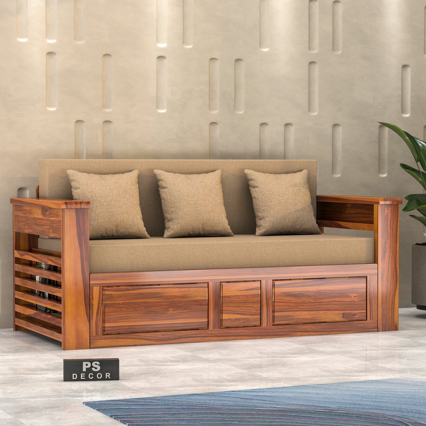 Modern Wooden Sofa Cum Bed 3 Seater For Bedroom