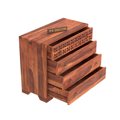 Modern Wooden Chest of Drawers with Carved Front Panel | 4 Drawer Storage