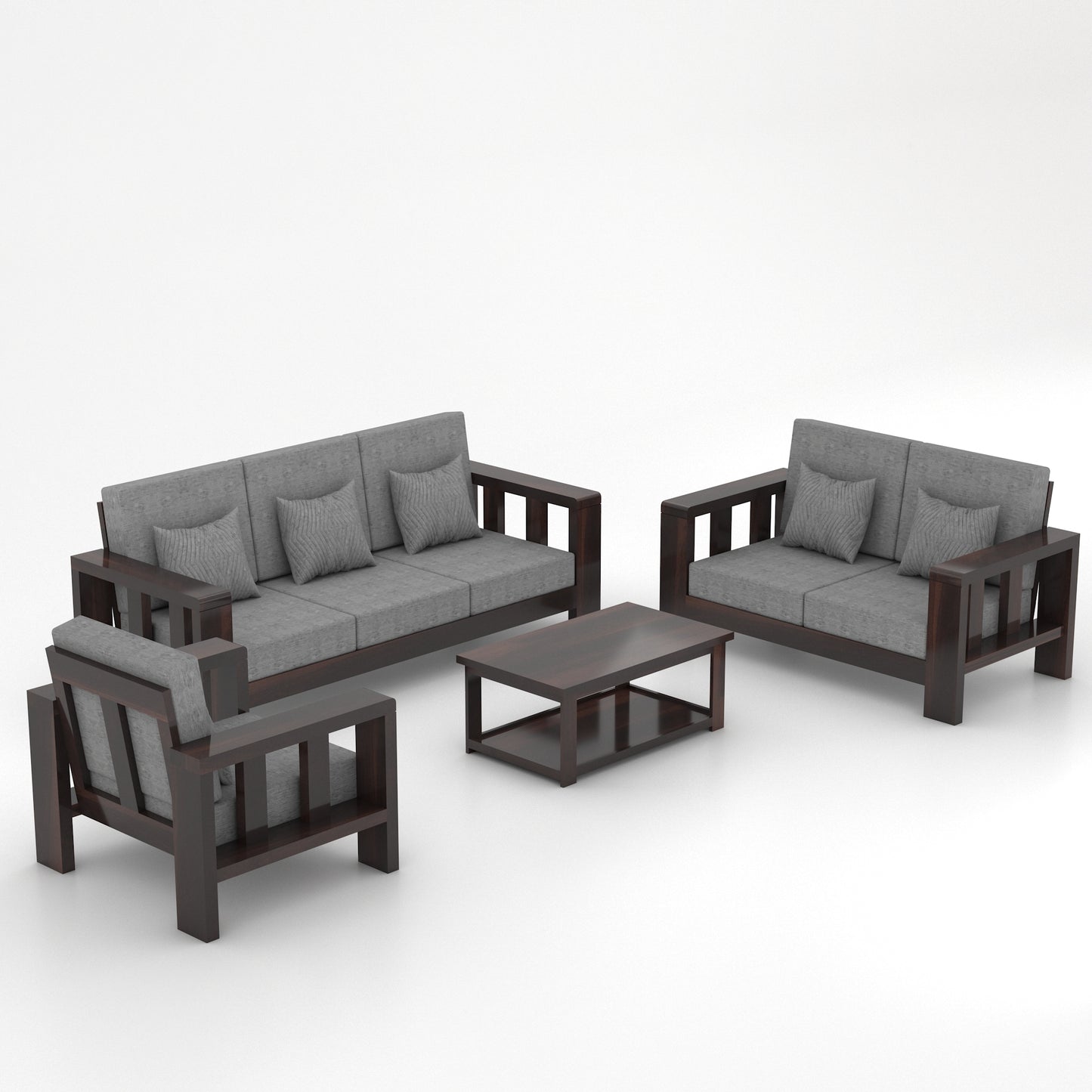 Modern Wooden Sofa Set with Cushions & Center Table | 3+2+1 Living Room