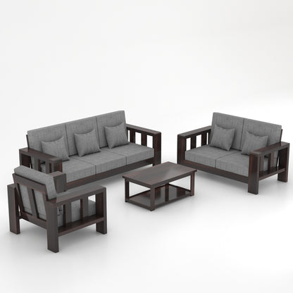 Modern Wooden Sofa Set with Cushions & Center Table | 3+2+1 Living Room
