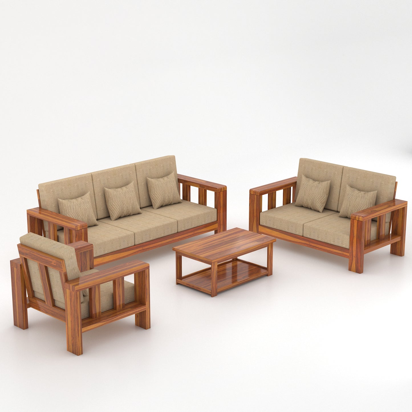 Modern Wooden Sofa Set with Cushions & Center Table | 3+2+1 Living Room