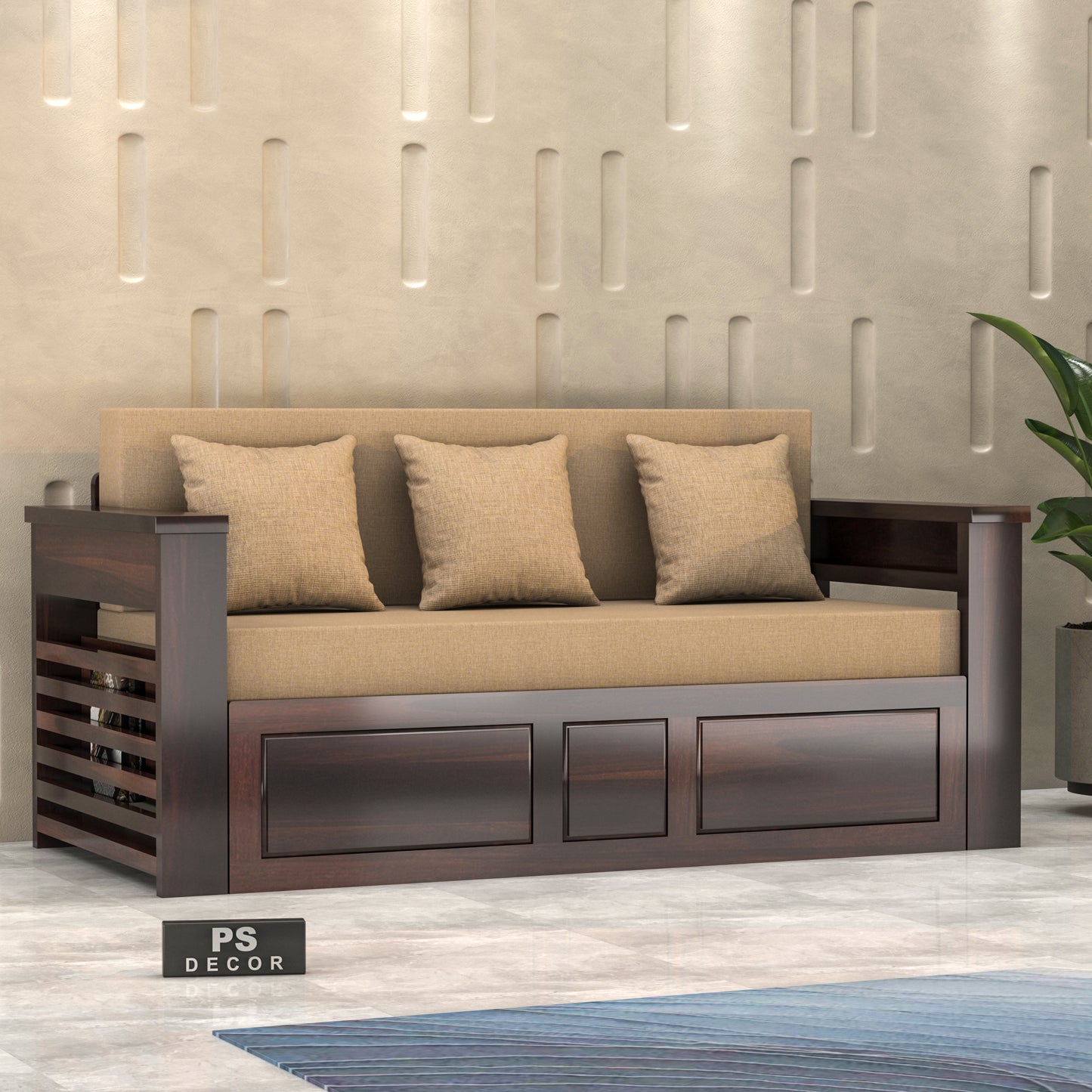 Modern Wooden Sofa Cum Bed 3 Seater For Bedroom