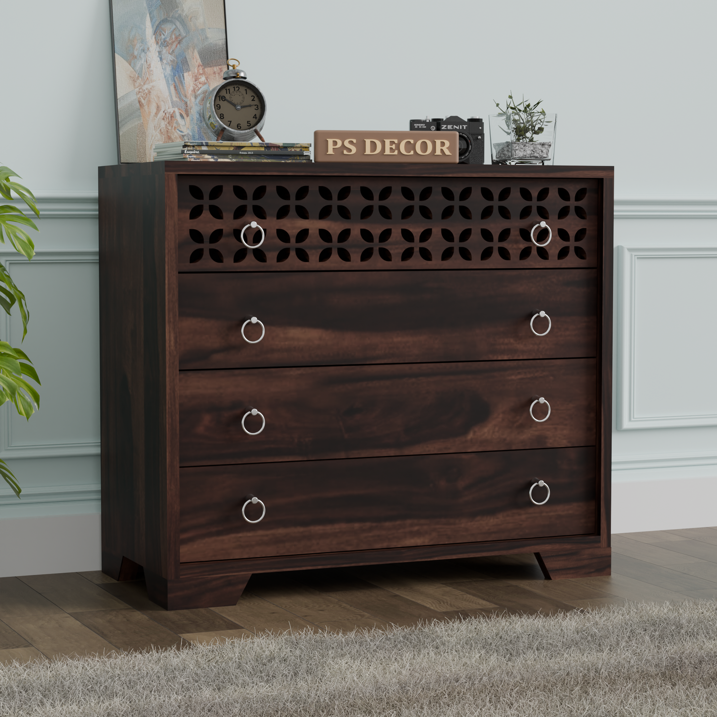 Modern Wooden Chest of Drawers with Carved Front Panel | 4 Drawer Storage