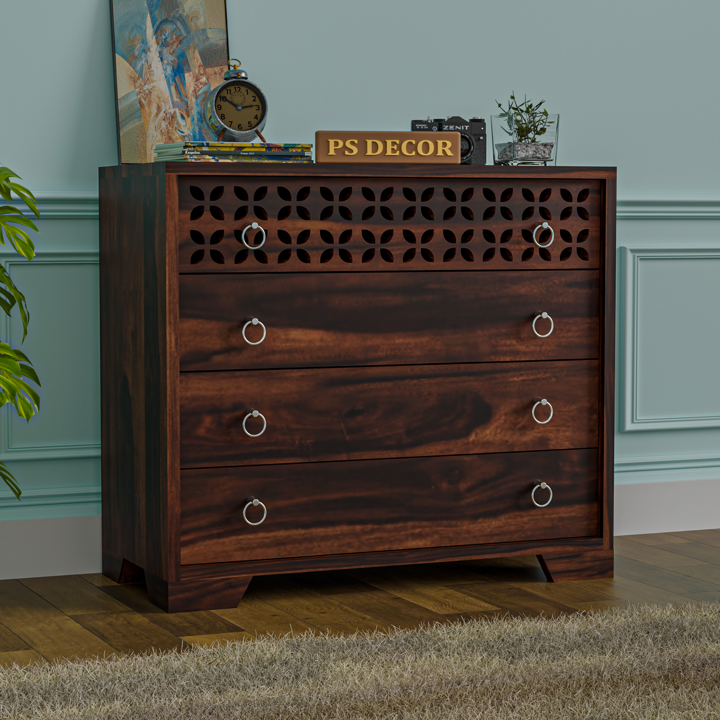 Modern Wooden Chest of Drawers with Carved Front Panel | 4 Drawer Storage