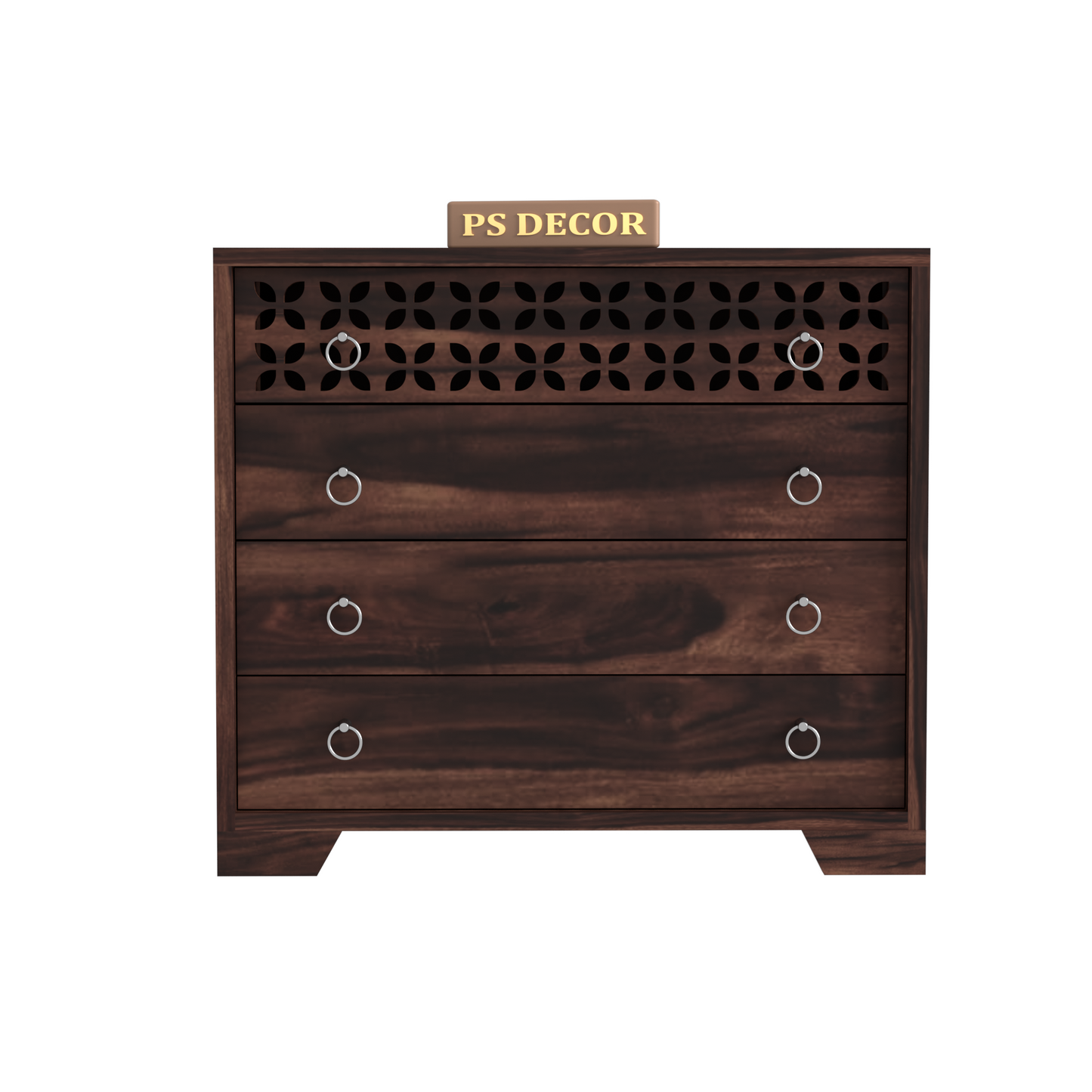 Modern Wooden Chest of Drawers with Carved Front Panel | 4 Drawer Storage