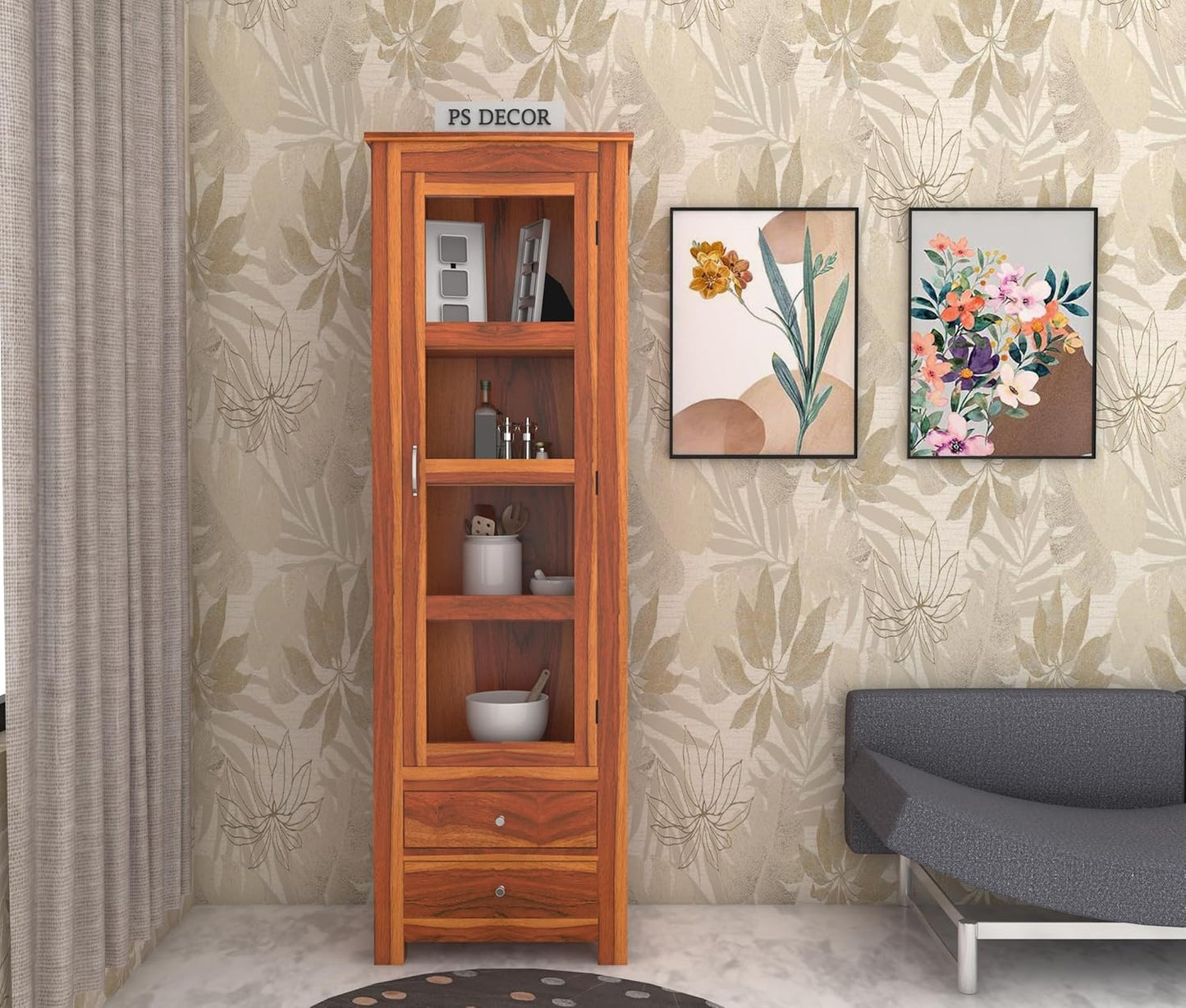 Wooden Glass Door Display Cabinet with Drawers