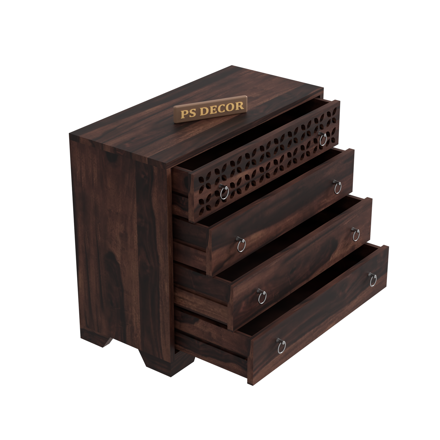 Modern Wooden Chest of Drawers with Carved Front Panel | 4 Drawer Storage